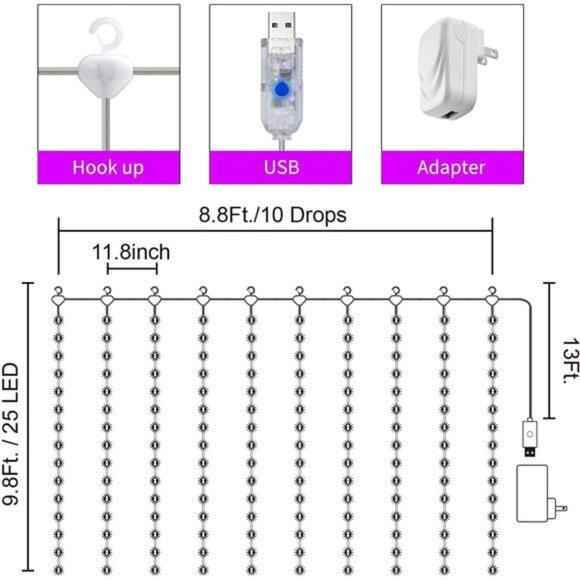 16 Color LED Curtain Lights Fairy String 250 LEDs Twinkle Backdrop Wall Decor - Picture 6 of 7